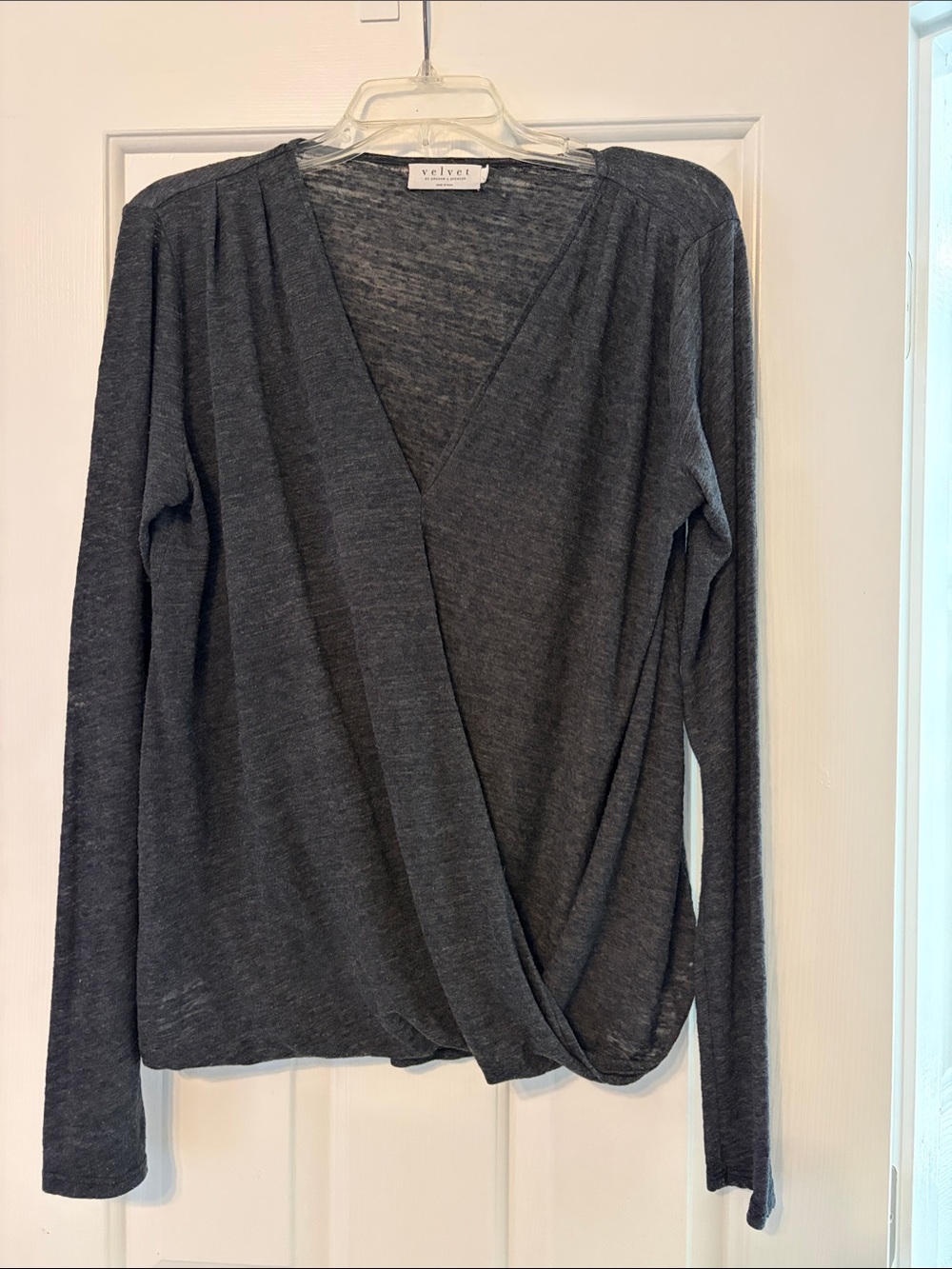 Velvet Charcoal Wrap-Front Long Sleeve Top
